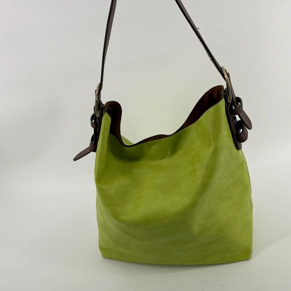 Lime Green Faux Leather Hobo Bag Brown Adjustable Buckle Strap Shoulder Tote